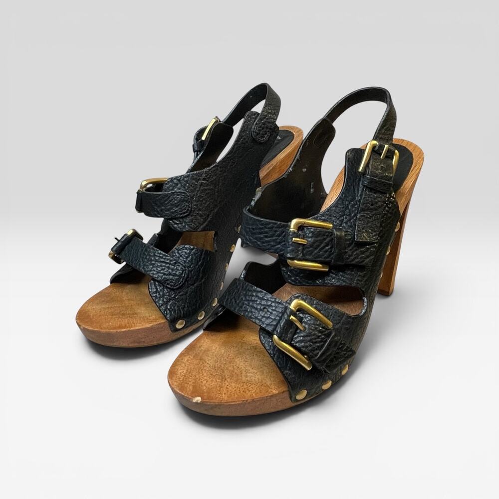 BCBG Max Azria Leather Wooden Platform Clog Heels Black Studded Sandals 8B